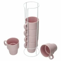 6er Set Kaffeebecher Mit Ständer Stata 250ml Rosa Tasse Henkel Porzellan Stapelbar