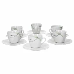 6er Set Kaffeetasse 20cl Und Kaffeeuntertasse 14,5cm Donna - Weißes Porzellan Mit Linien- Dekor In Schwarz, Grau Und Grün
